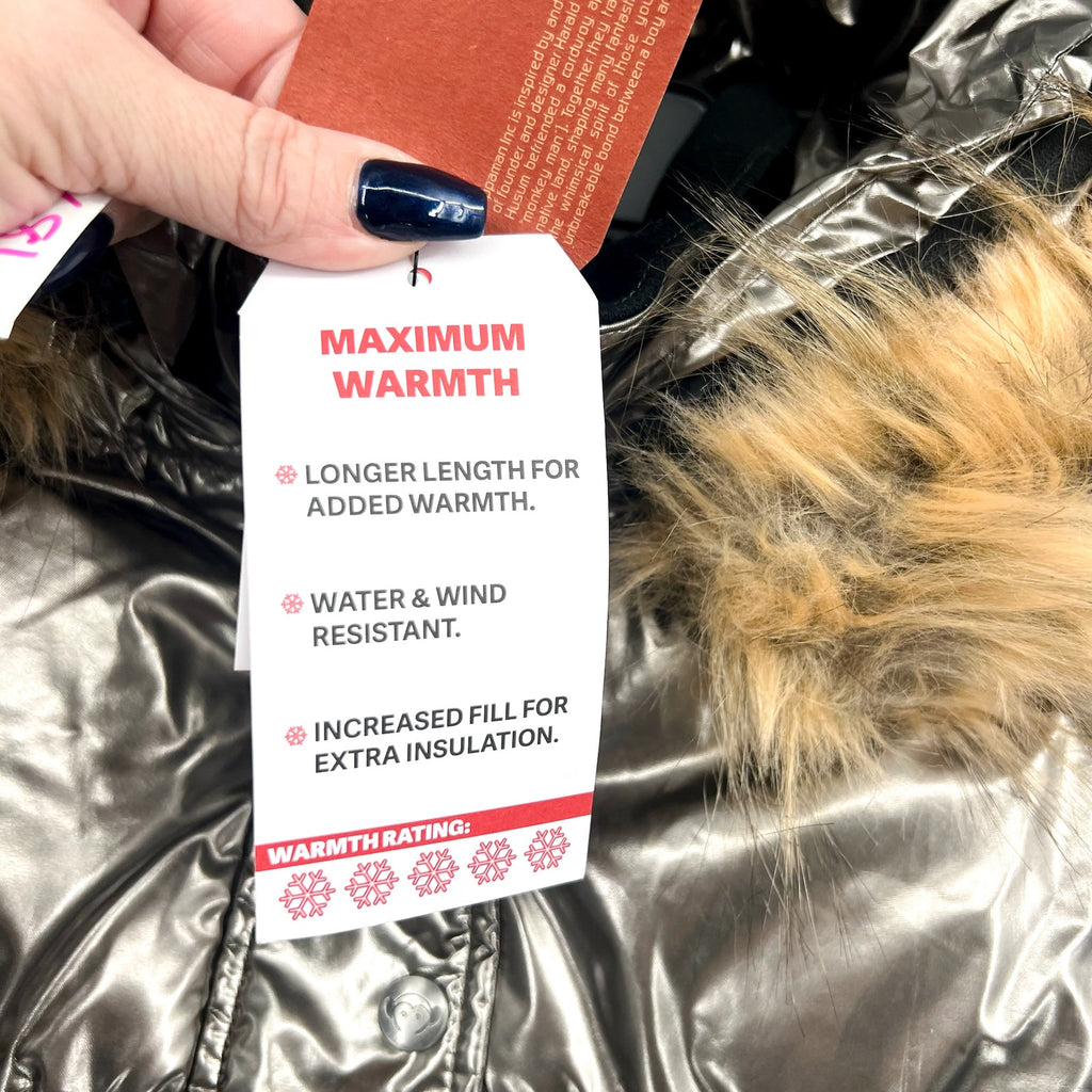 APPAMAN Girls Kyla Puffer Coat Size 14 Silver Lustrous Metallic Faux Fur NWT