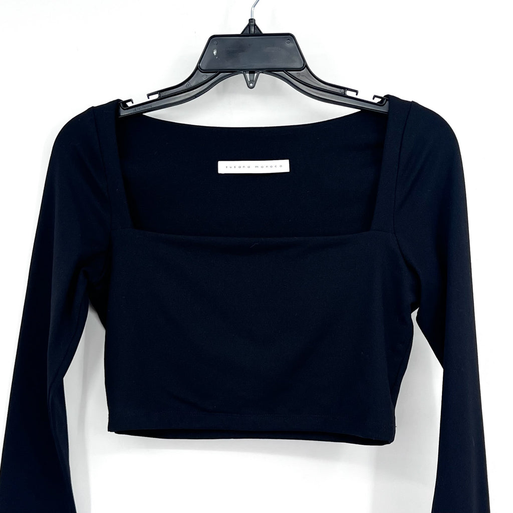 SUSAN MONACO Women's Crop Top Small Black Micro Square Neck Long Sleeve NWOT