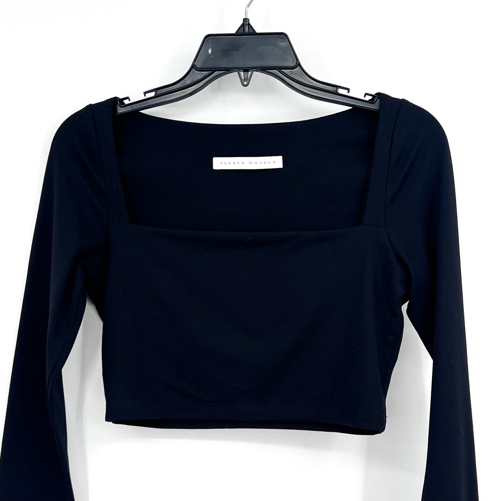 SUSAN MONACO Women's Crop Top Small Black Micro Square Neck Long Sleeve NWOT