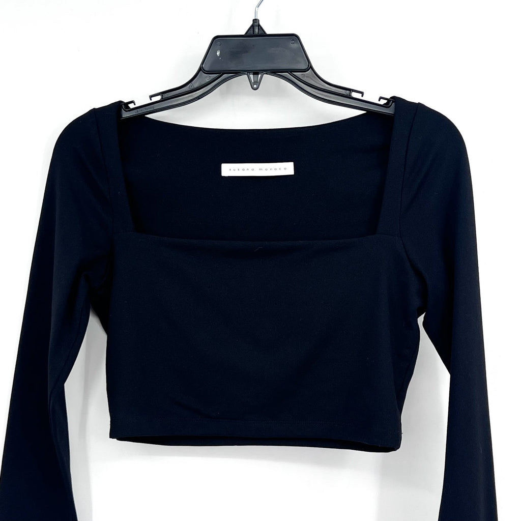 SUSAN MONACO Women's Crop Top Small Black Micro Square Neck Long Sleeve NWOT