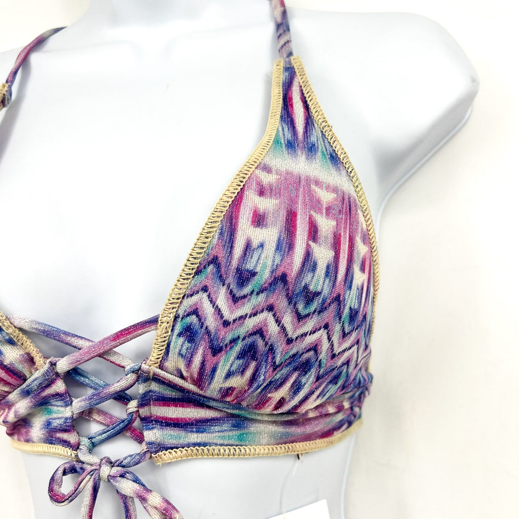 BECCA Women's Tulum Halter Bikini Top Small Purple Multi Printed Lace Front NWT