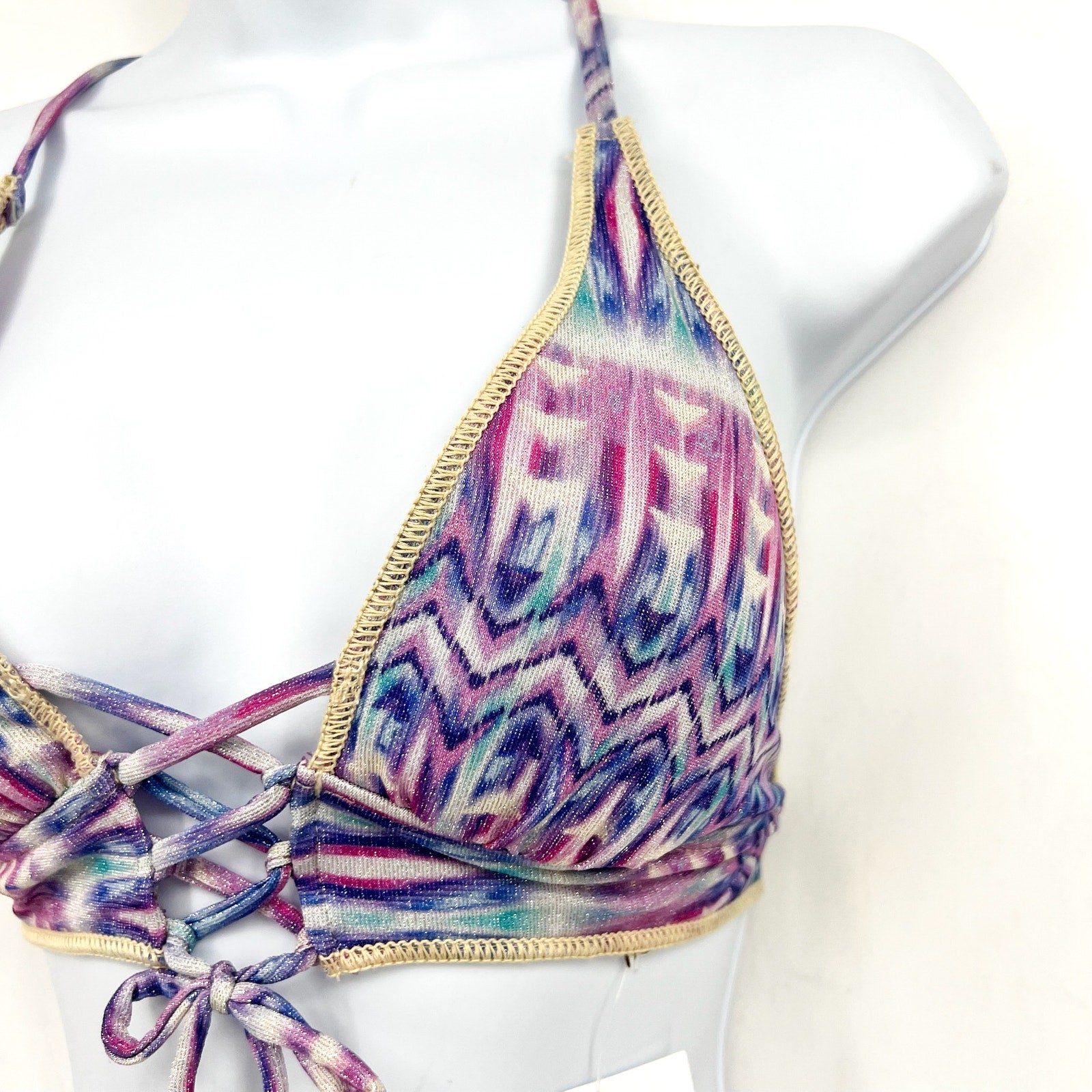 BECCA Women's Tulum Halter Bikini Top Small Purple Multi Printed Lace Front NWT