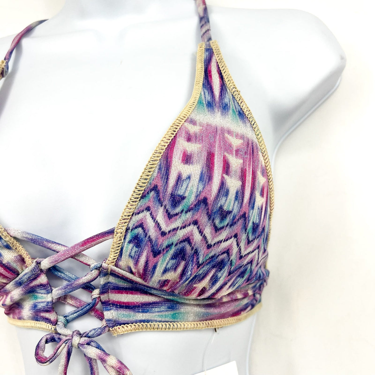 BECCA Women's Tulum Halter Bikini Top Small Purple Multi Printed Lace Front NWT