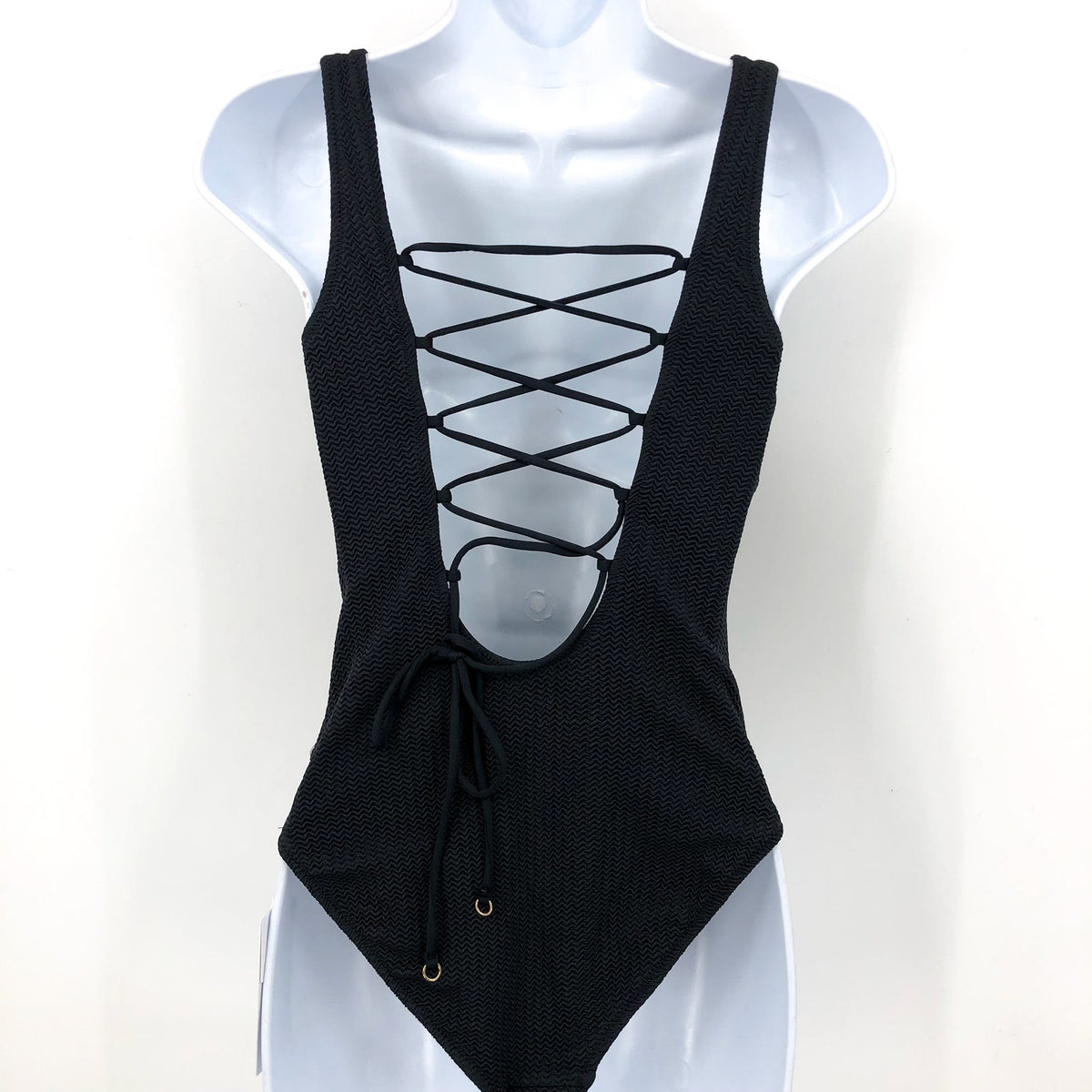 SEAFOLLY Sea Dive High Neck One Piece Swimsuit Size 6 Black Lace Back NWT