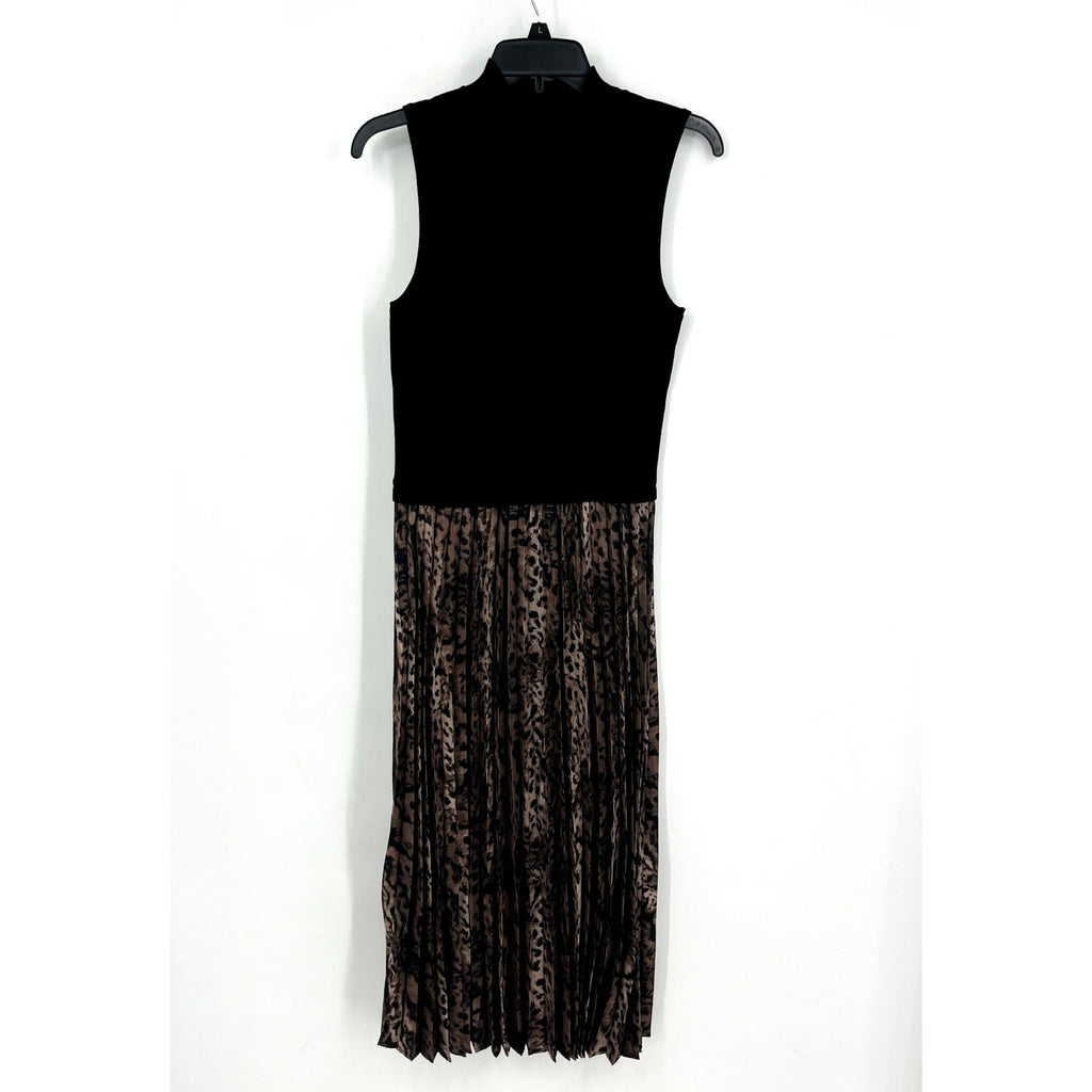 FORTUNE + IVY Womens Pleated Midi Dress Medium Black Tab Leopard Jersey NWOT