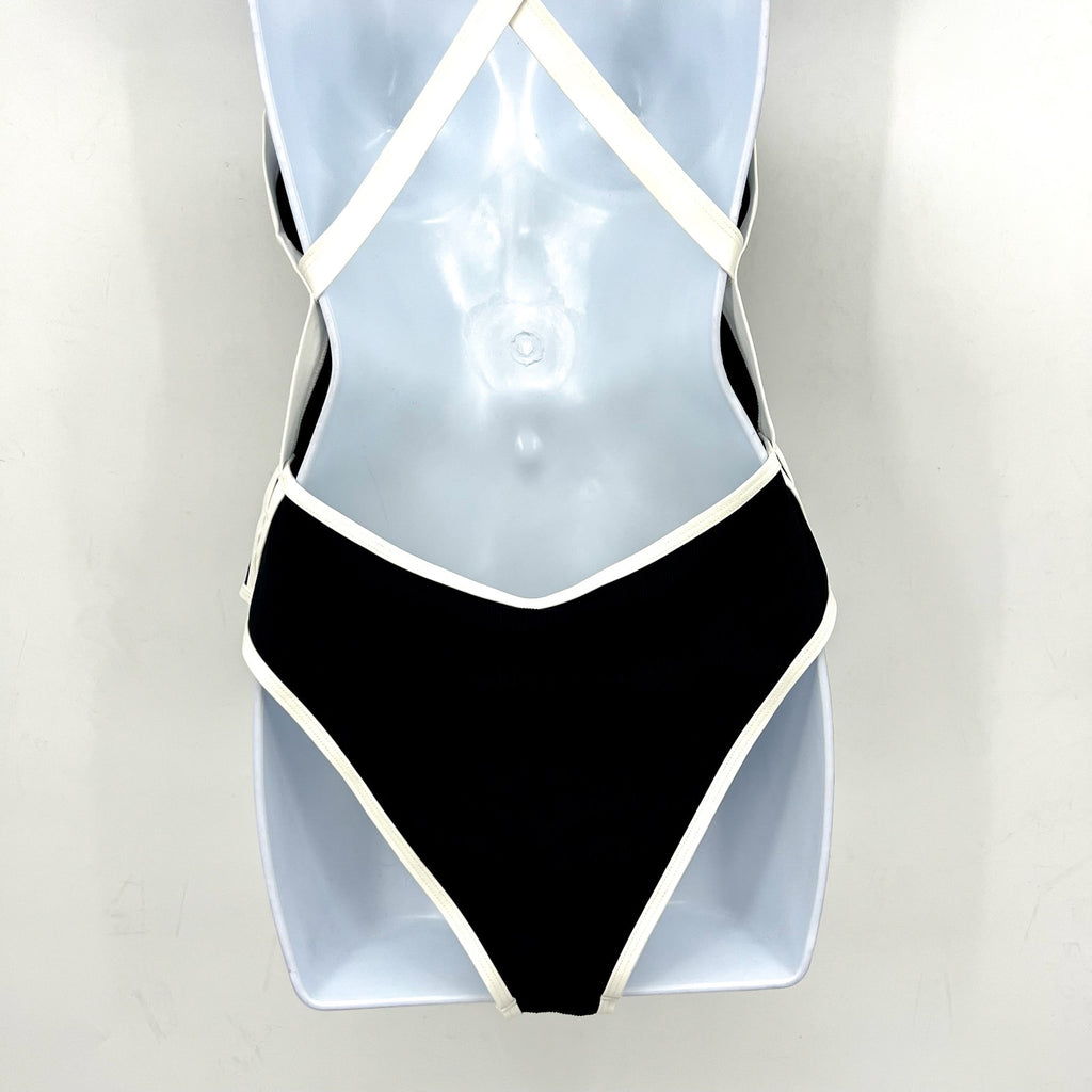 L*SPACE Women's Ribbed Baewatch One Piece Swimsuit Small Black Cream NWT