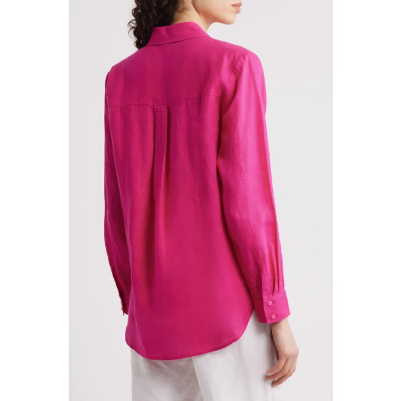 EILEEN FISHER Women's Button-Up Shirt Medium Pink Organic Linen Long Sleeve NWOT