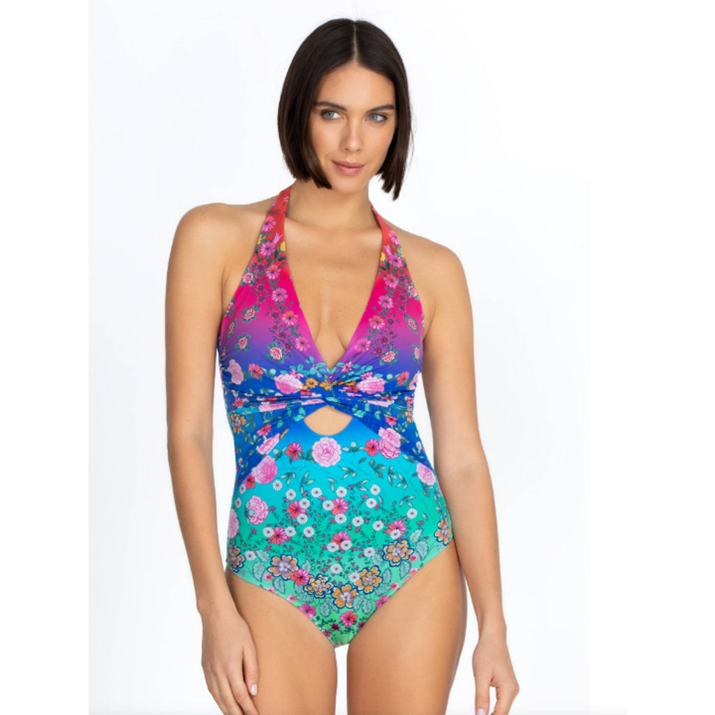 JOHNNY WAS Women's Rainbow One Piece Swimsuit Small Twist Keyhole Floral NWT
