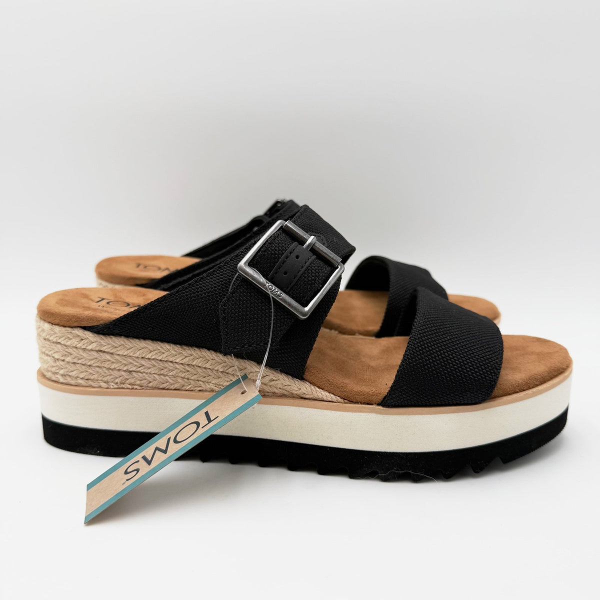 TOMS Womens Diana Mule Buckle Wedge Sandals Size 8 EU 38.5 Black Canvas NIB