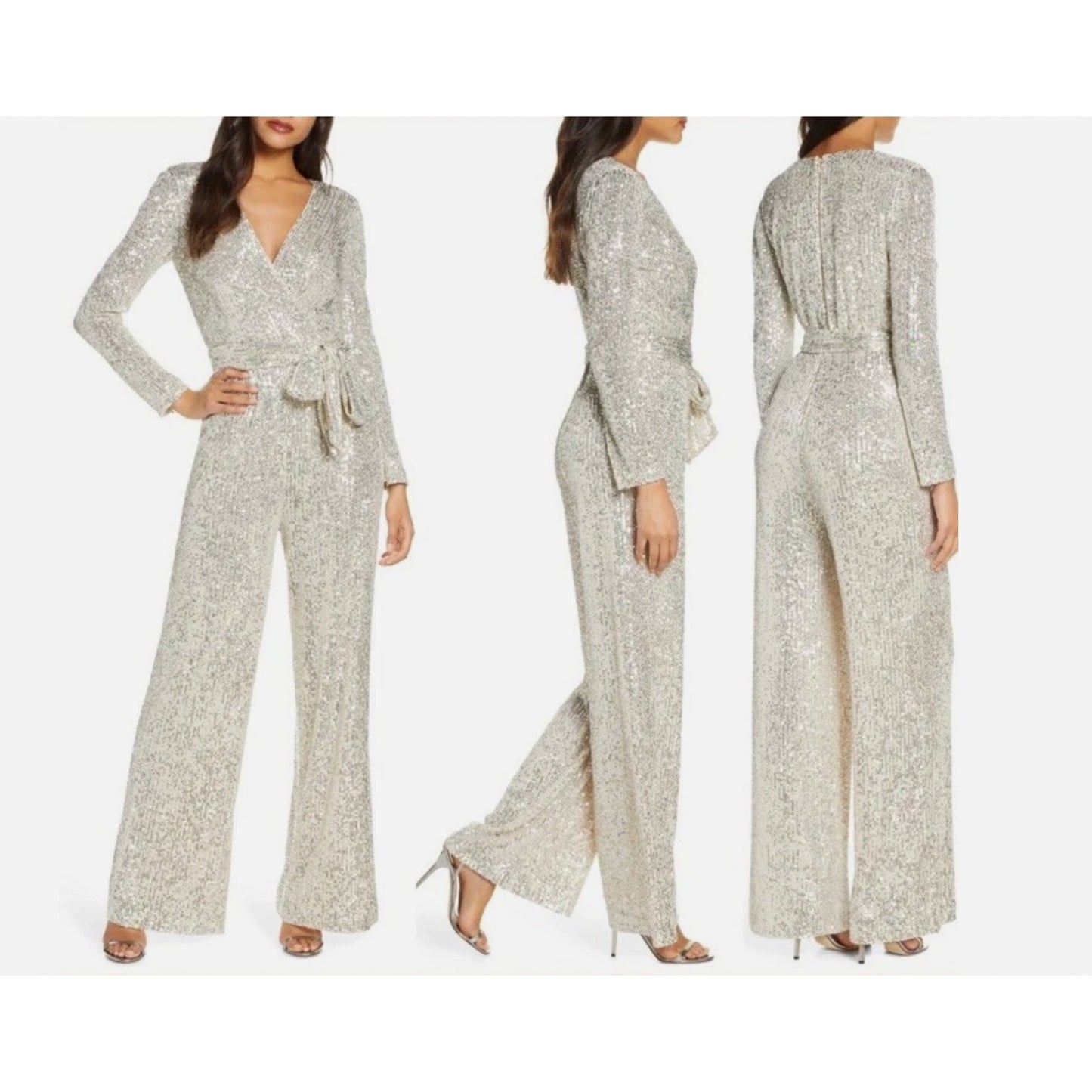 ELIZA J Women's Long Sleeve Sequin Wrap Jumpsuit Size 10 Ivory/White V Neck NWT