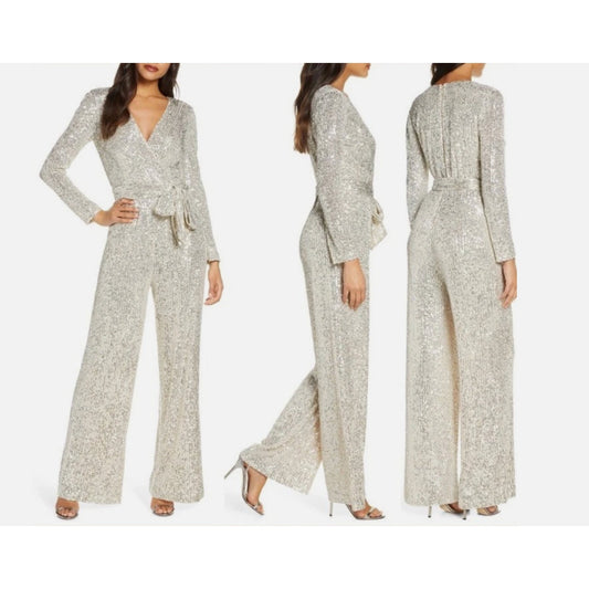 ELIZA J Women's Long Sleeve Sequin Wrap Jumpsuit Size 10 Ivory/White V Neck NWT