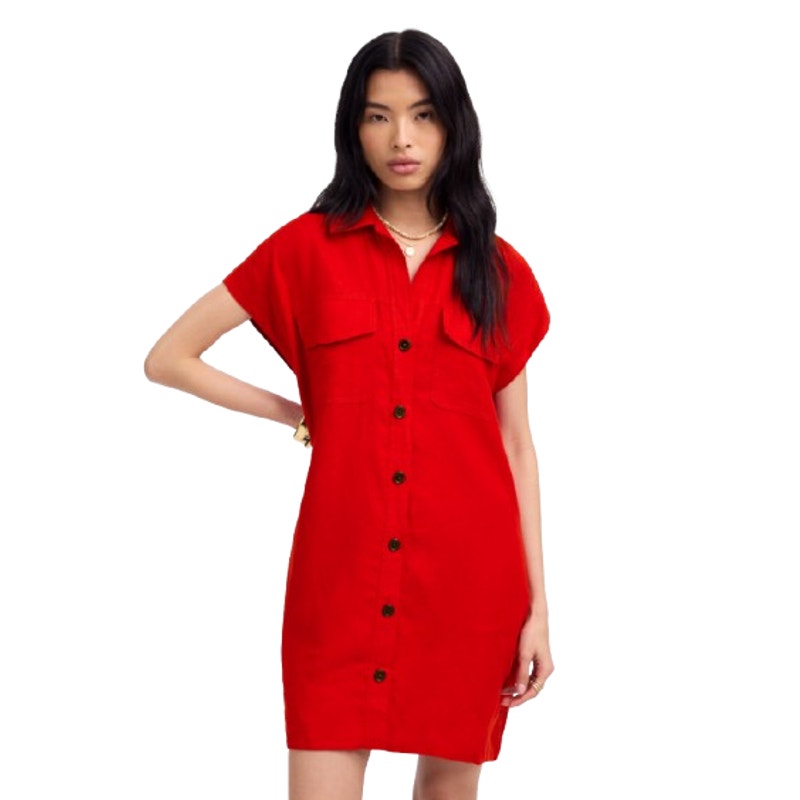 MADEWELL Utility Short-Sleeve Mini Shirtdress XS Red 100% Linen NV453 NWT