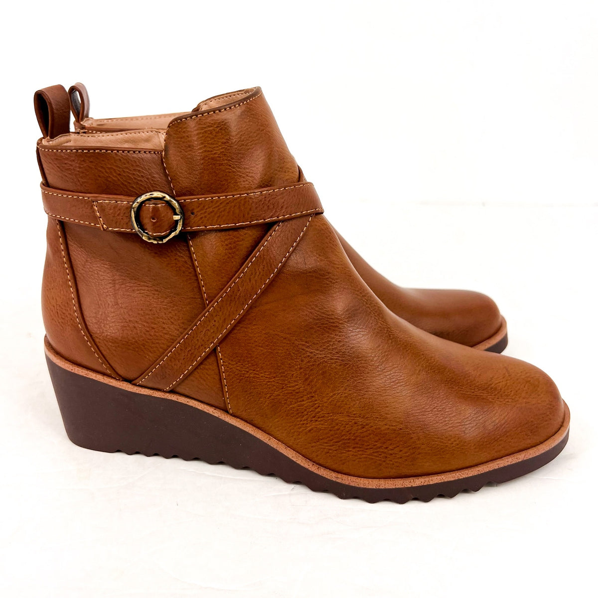 LIFESTRIDE Zinfandel Wedge Ankle Booties Size 11 Whiskey Brown Faux Leather NWOB