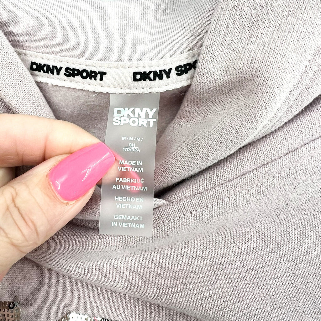 DKNY Women's Sequin Fleece Hoodie Medium Pink Allure Pullover Sweatshirt NWT