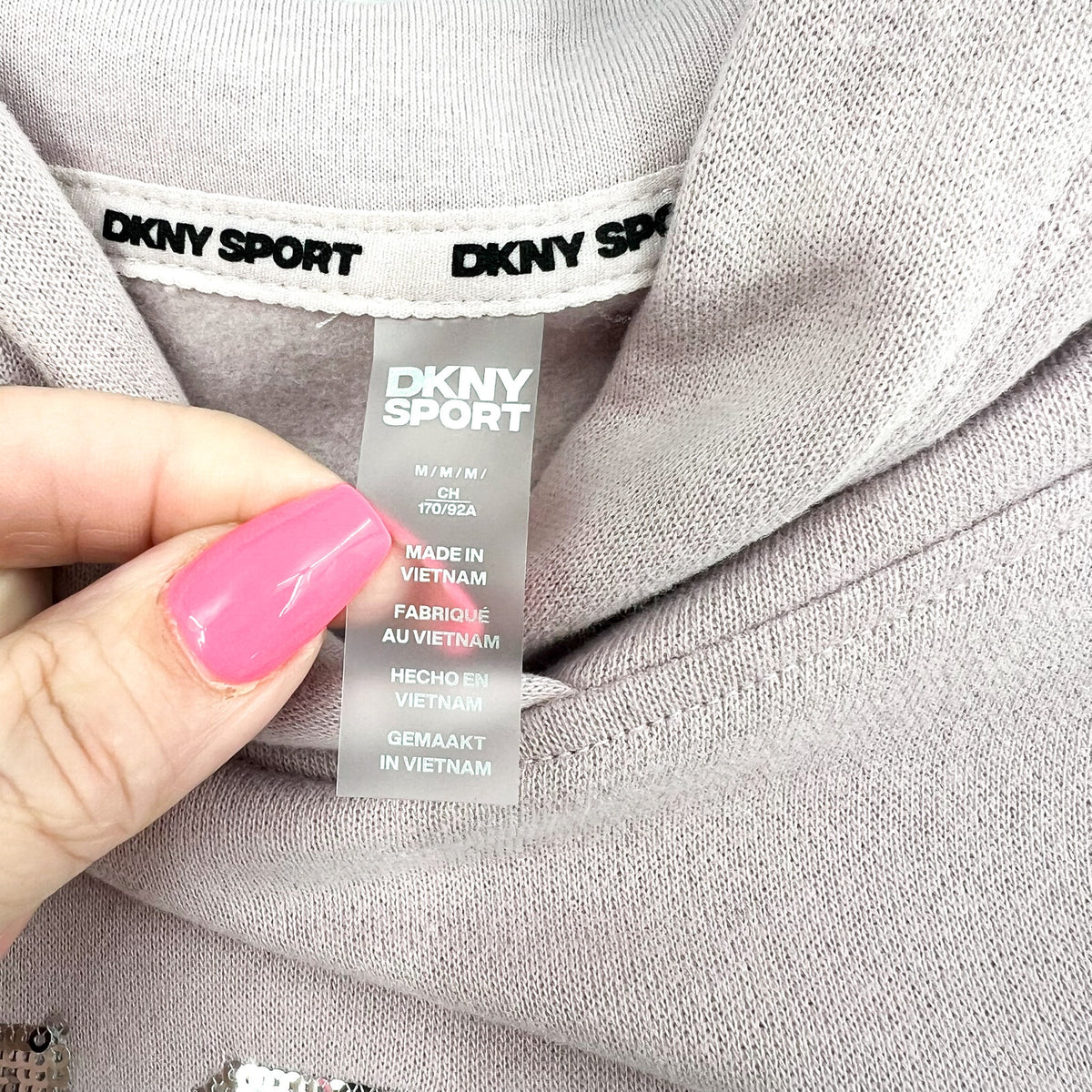 DKNY Women's Sequin Fleece Hoodie Medium Pink Allure Pullover Sweatshirt NWT