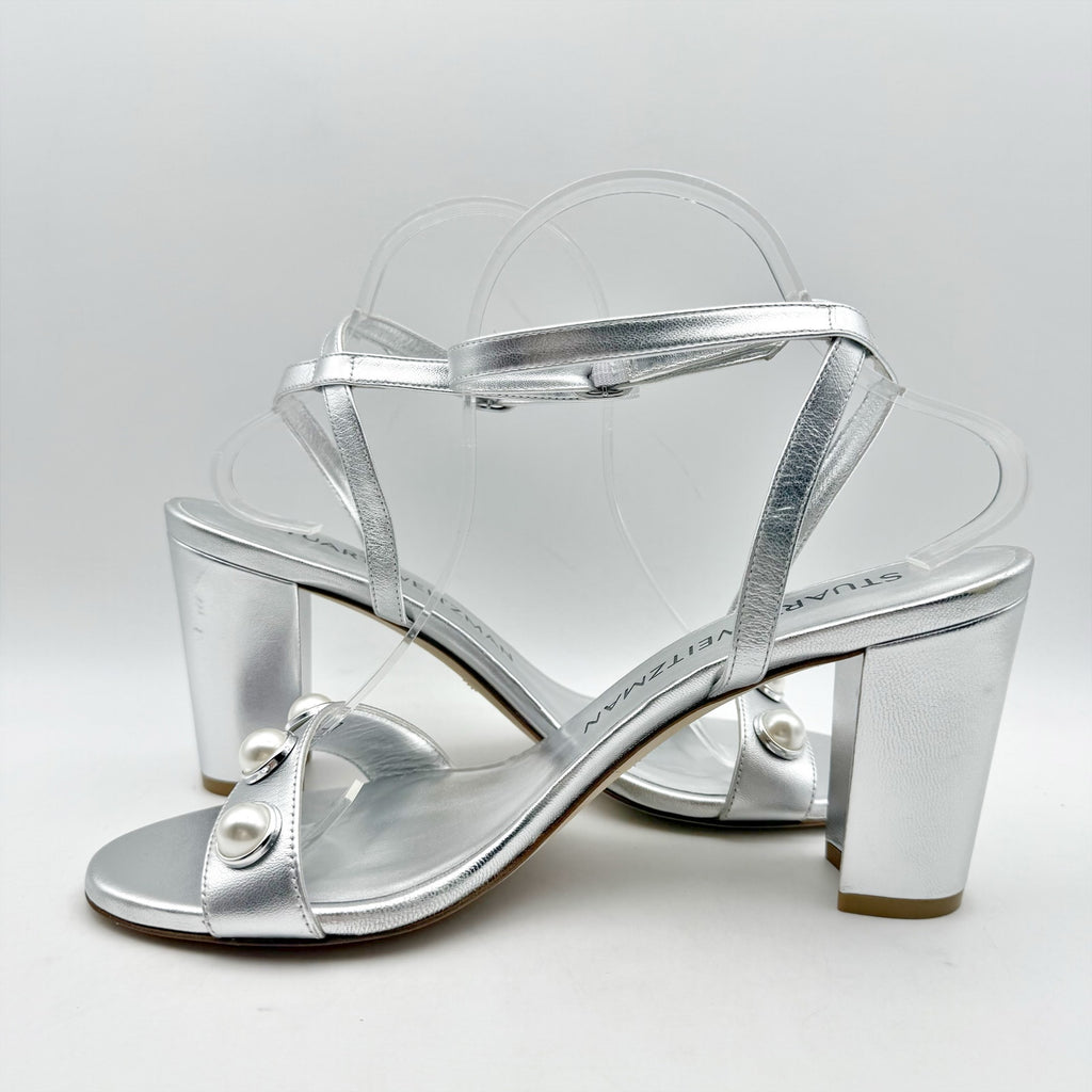 Stuart Weitzman Women Nearlybare Portia Heeled Sandal US 9 B Silver Leather NWOB