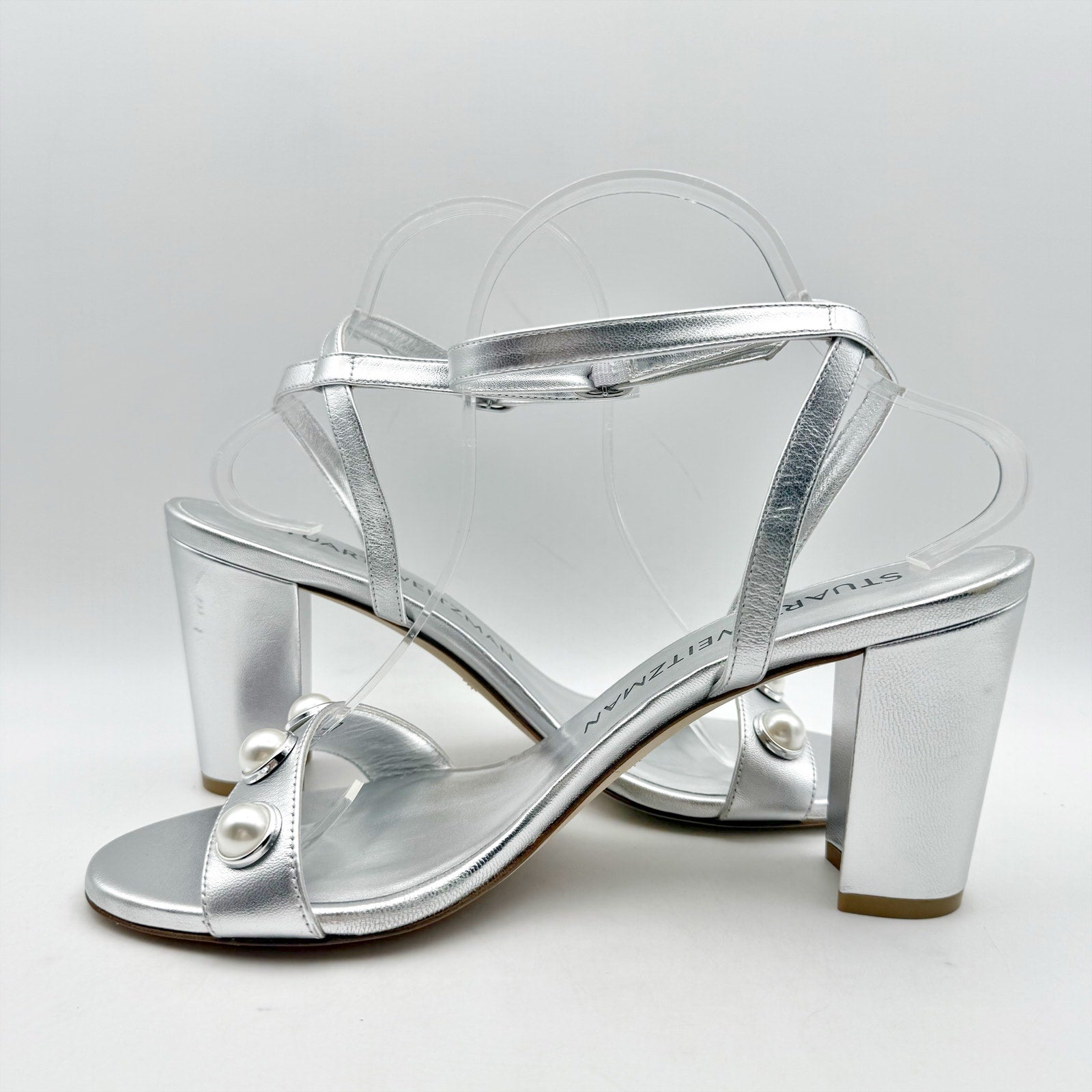 Stuart Weitzman Women Nearlybare Portia Heeled Sandal US 9 B Silver Leather NWOB