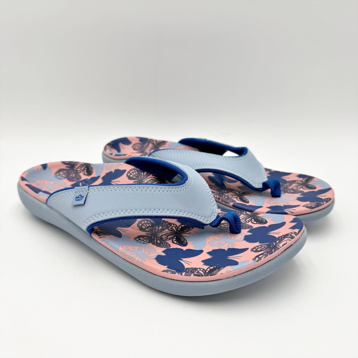 Spenco Womens Yumi Butterfly Sandals Size 8 WIDE Blue Pink Flip Flops NWOB