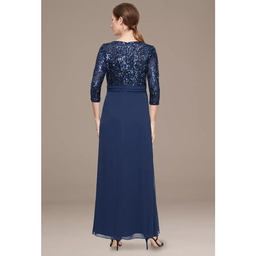 ALEX EVENINGS Sequin Gown Size 12 Navy Blue Cascade Empire-Waist MOB Guest NWT