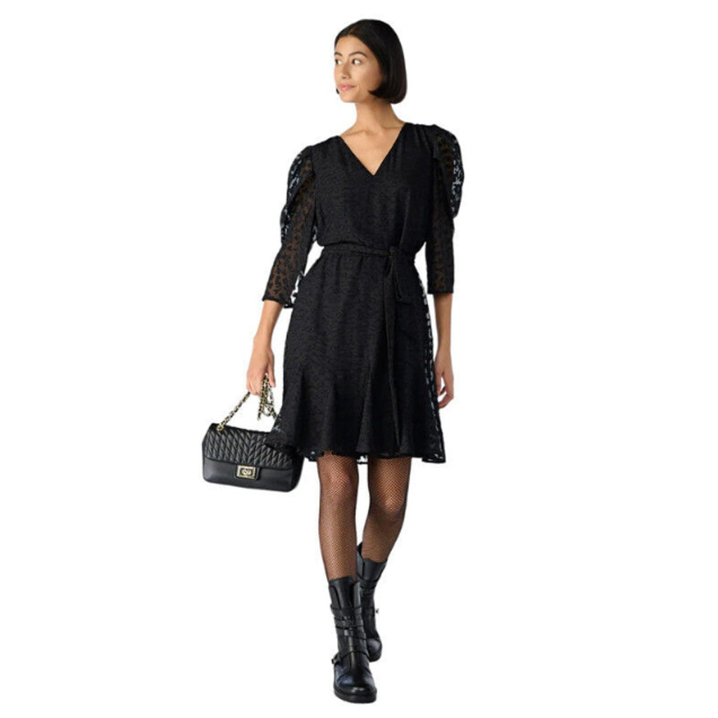 KARL LAGERFELD Womens Burnout Logo Print Dress Size 6 Black V-Neck Tie Waist NWT