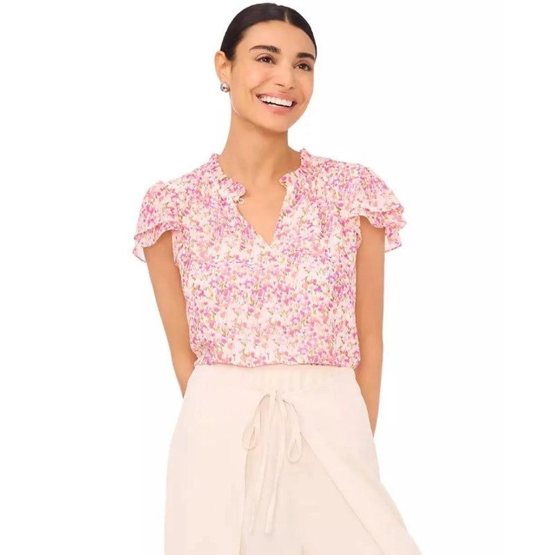 CECE Women's Ruffled Blouse XS Pink Floral Keyhole-Neck Flutter-Sleeve NWT