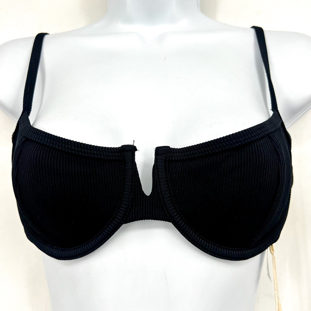 L*SPACE Women's Hunter Underwire Bikini Top Small Black V Front Tie Back NWT