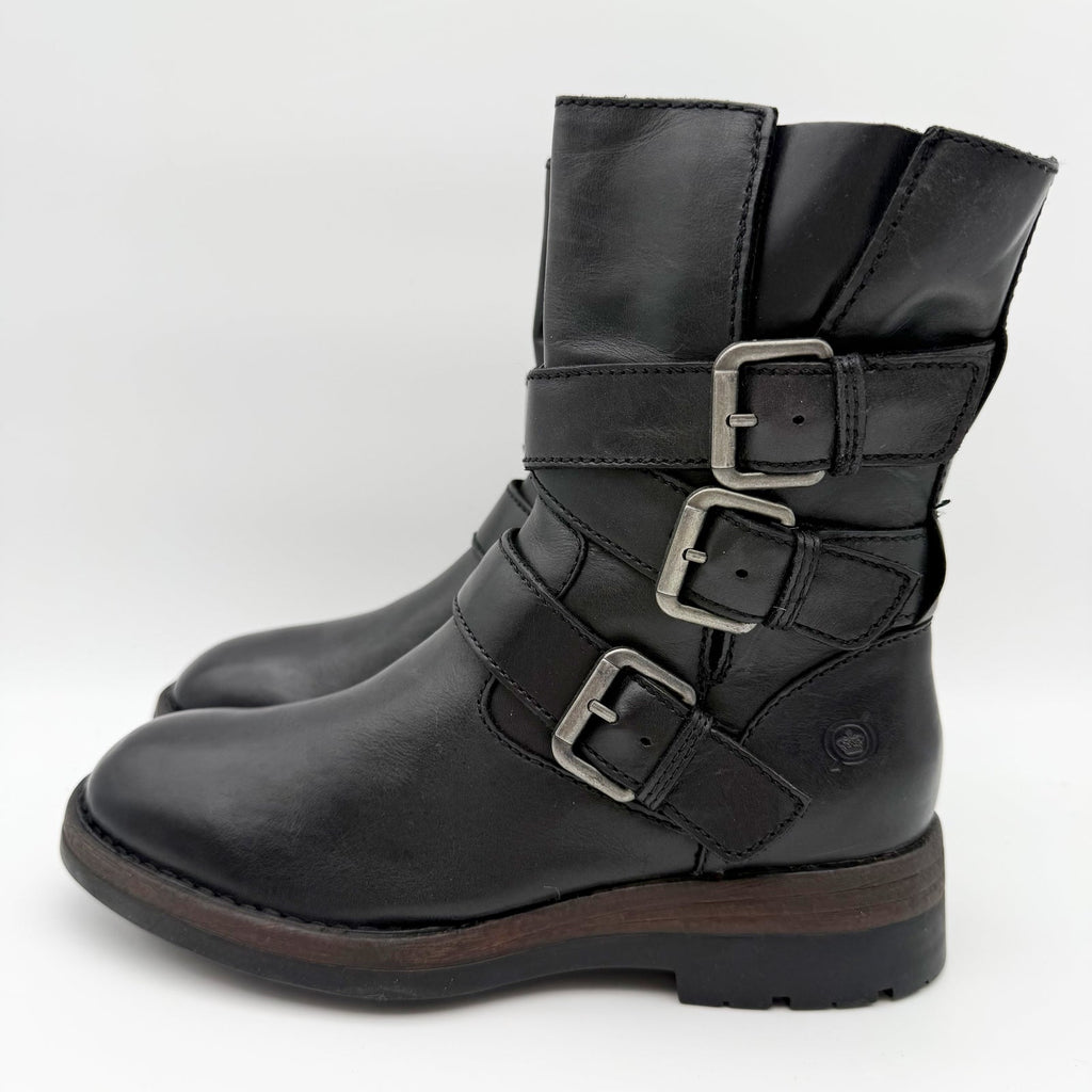 Born Womens Mayne Mid Calf Boots US 6 M EU 36.5 Black Leather Combat Buckle NIB