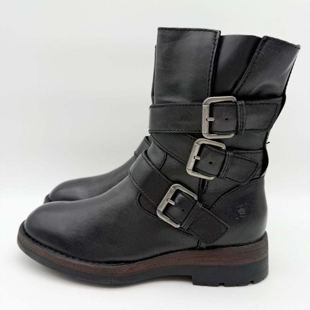 Born Womens Mayne Mid Calf Boots US 6 M EU 36.5 Black Leather Combat Buckle NIB