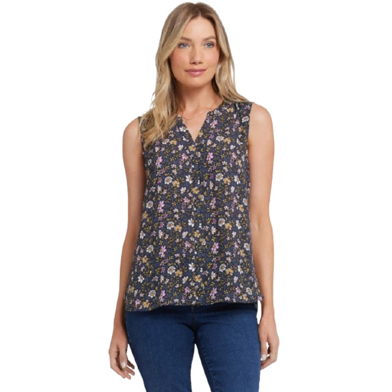 NYDJ Womens Sleeveless Blouse Top Large Marisol Blue Floral Print Split Neck NWT