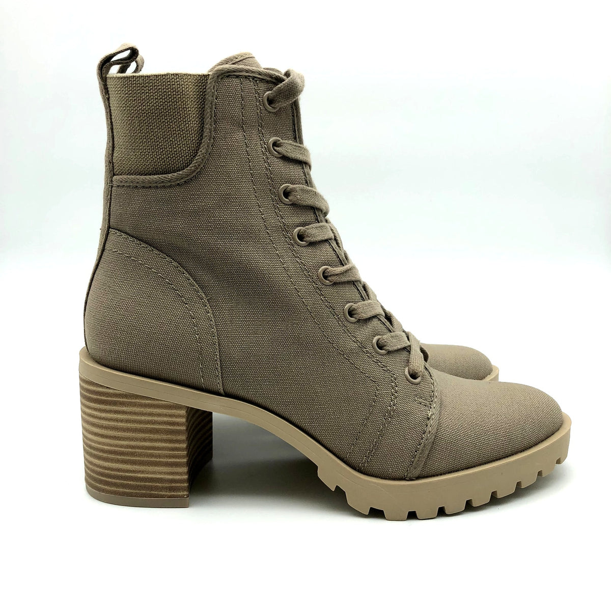 Dolce Vita Womens Combat Boots Size 6 Stacked Heel Tan Canvas NWOB