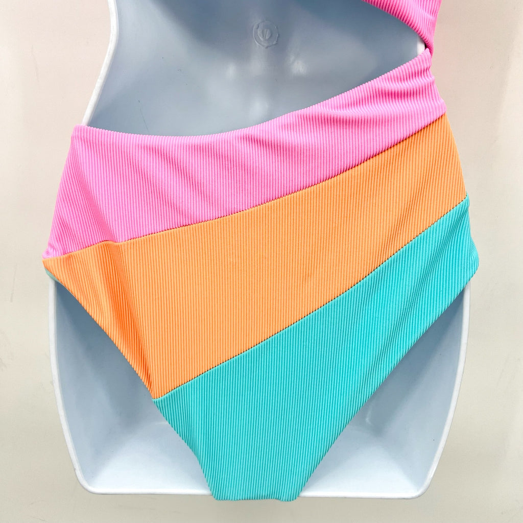 BEACH RIOT Joyce One Shoulder One Piece Swimsuit Small Pink Blue NWOT