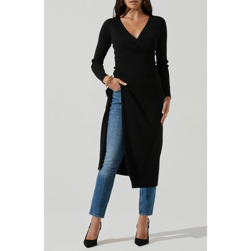 ASTR The Label Cross Front Slit Long Sweater Dress Large Black Knit VNeck NWT