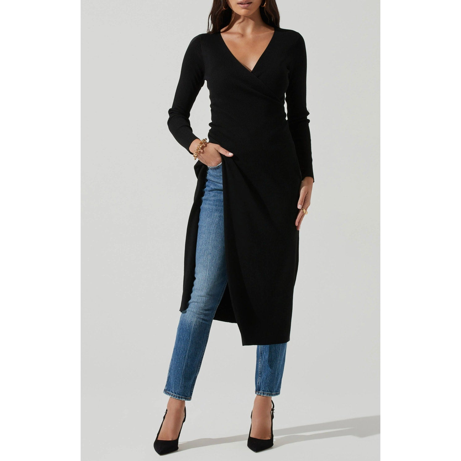 ASTR The Label Cross Front Slit Long Sweater Dress Large Black Knit VNeck NWT
