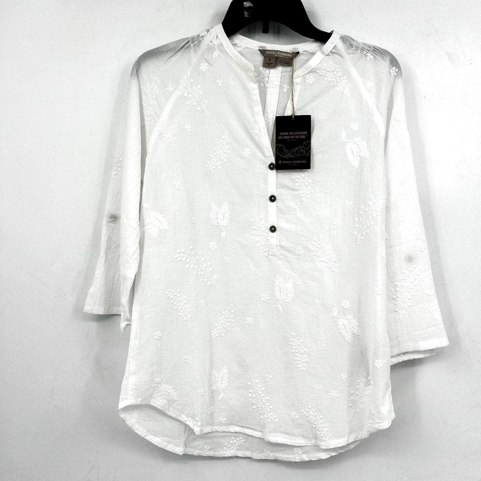 ROYAL ROBBINS Women's Oasis Tunic II Top Small White Embroidered 3/4 Sleeve NWT
