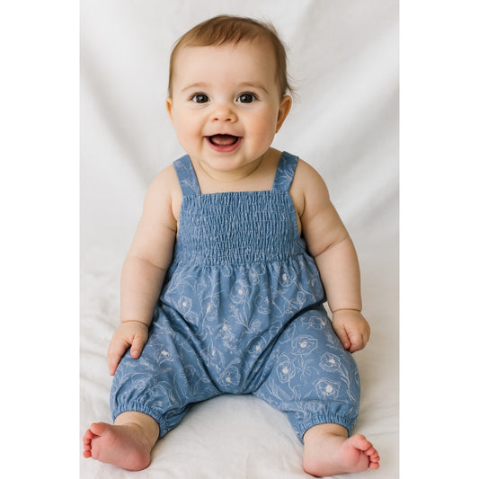 BARDOT Baby Missy Floral One Piece Outfit 6-12 MOs Blue Linen Romper