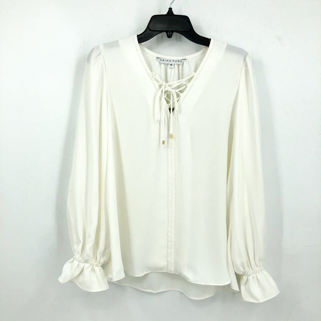 TRINA TURK Women's Zahara Lace Up Top Medium White Whitewash Balloon Sleeve NWT