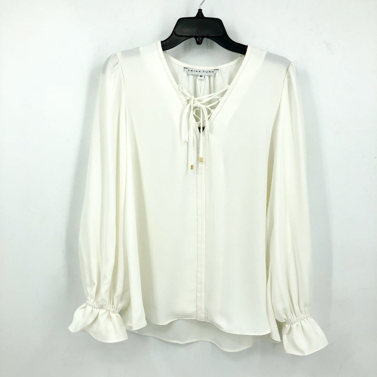 TRINA TURK Women's Zahara Lace Up Top Medium White Whitewash Balloon Sleeve NWT