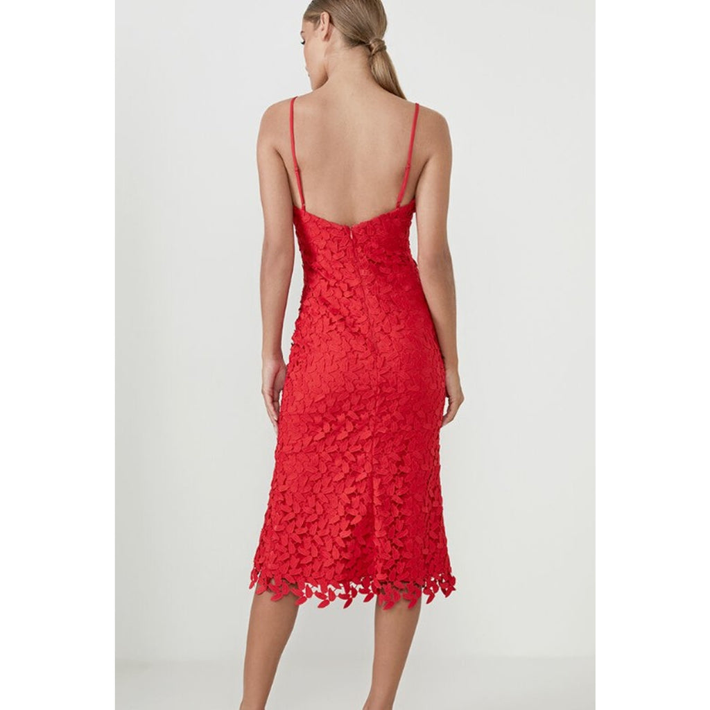 BARDOT Ariel Leaf Lace Midi Dress US Size 10 Large Lipstick Red Revolve NWT