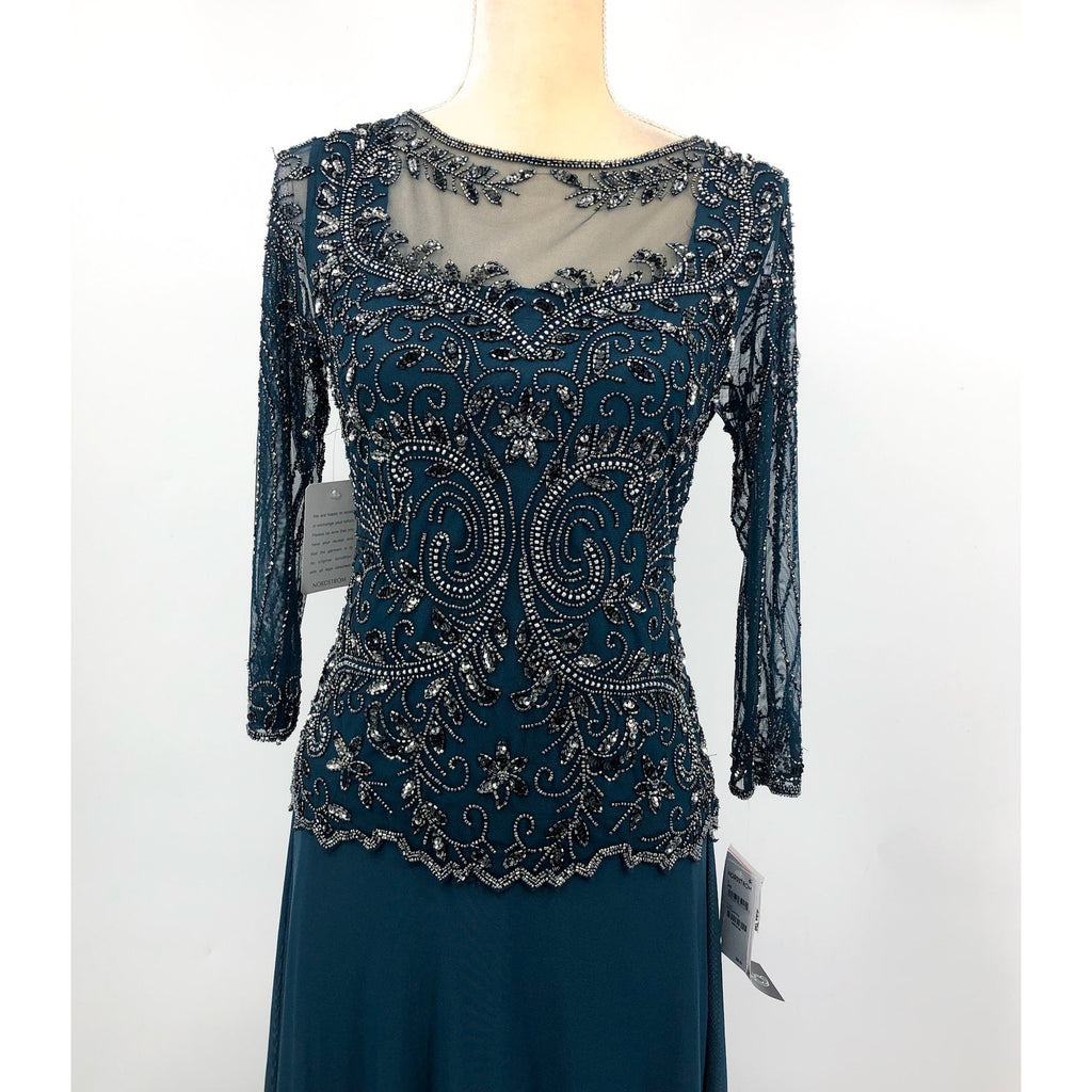 PISARRO NIGHTS Beaded Mesh Gown Size 4 Blue Rich Sapphire Mock Two-Piece NWT