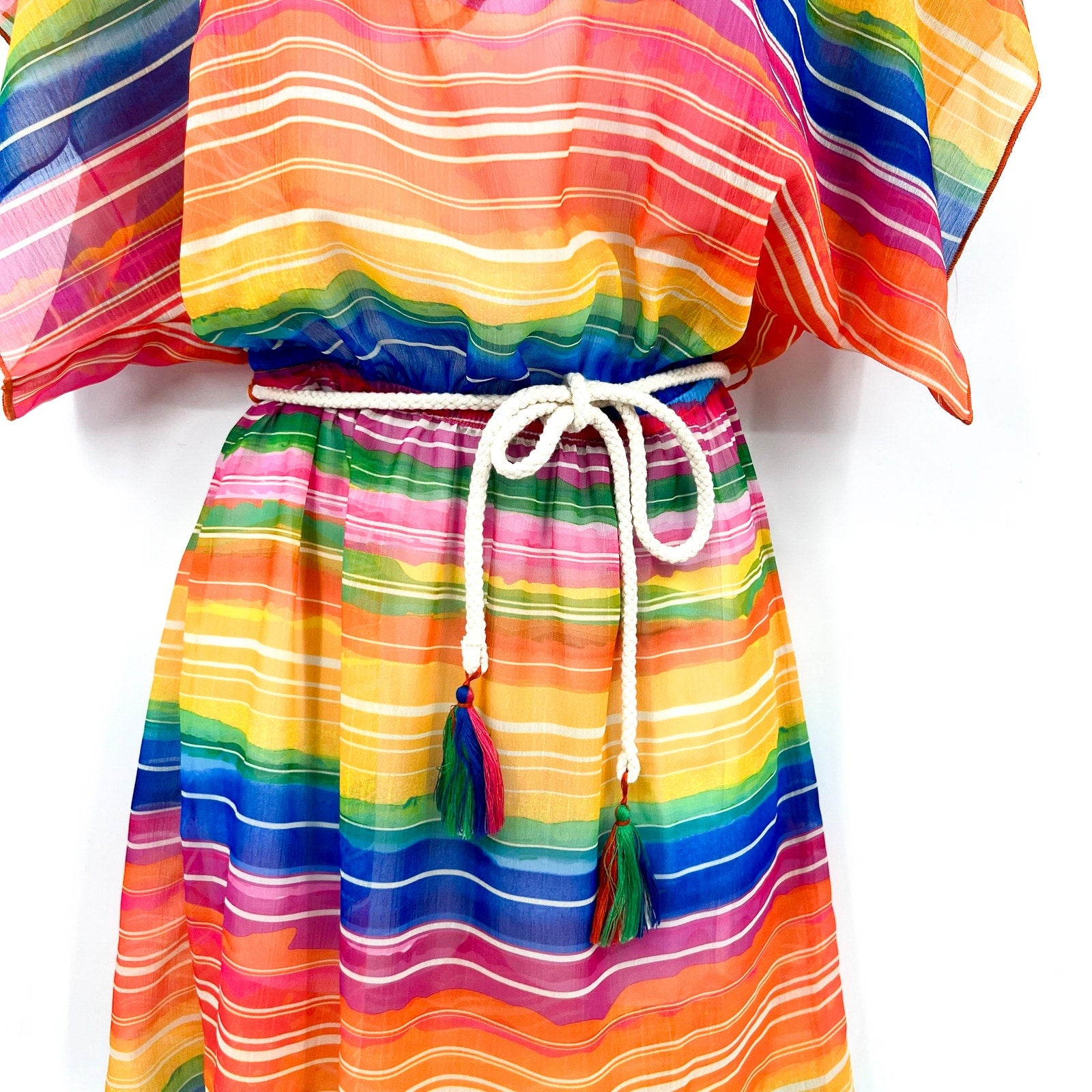 BECCA Shoreline Tunic Beach Cover Up XS-S Rainbow Multi Belted Chiffon NWT