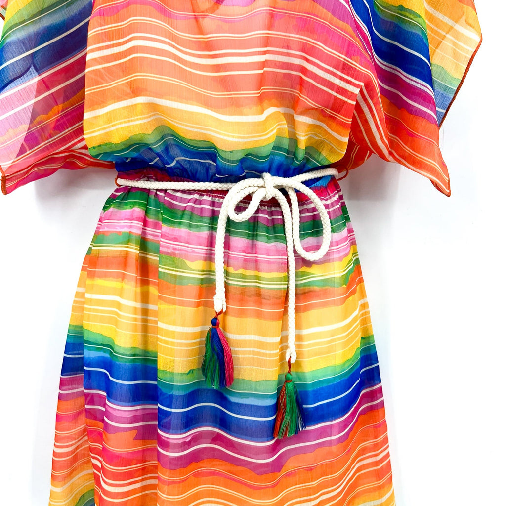 BECCA Shoreline Tunic Beach Cover Up XS-S Rainbow Multi Belted Chiffon NWT