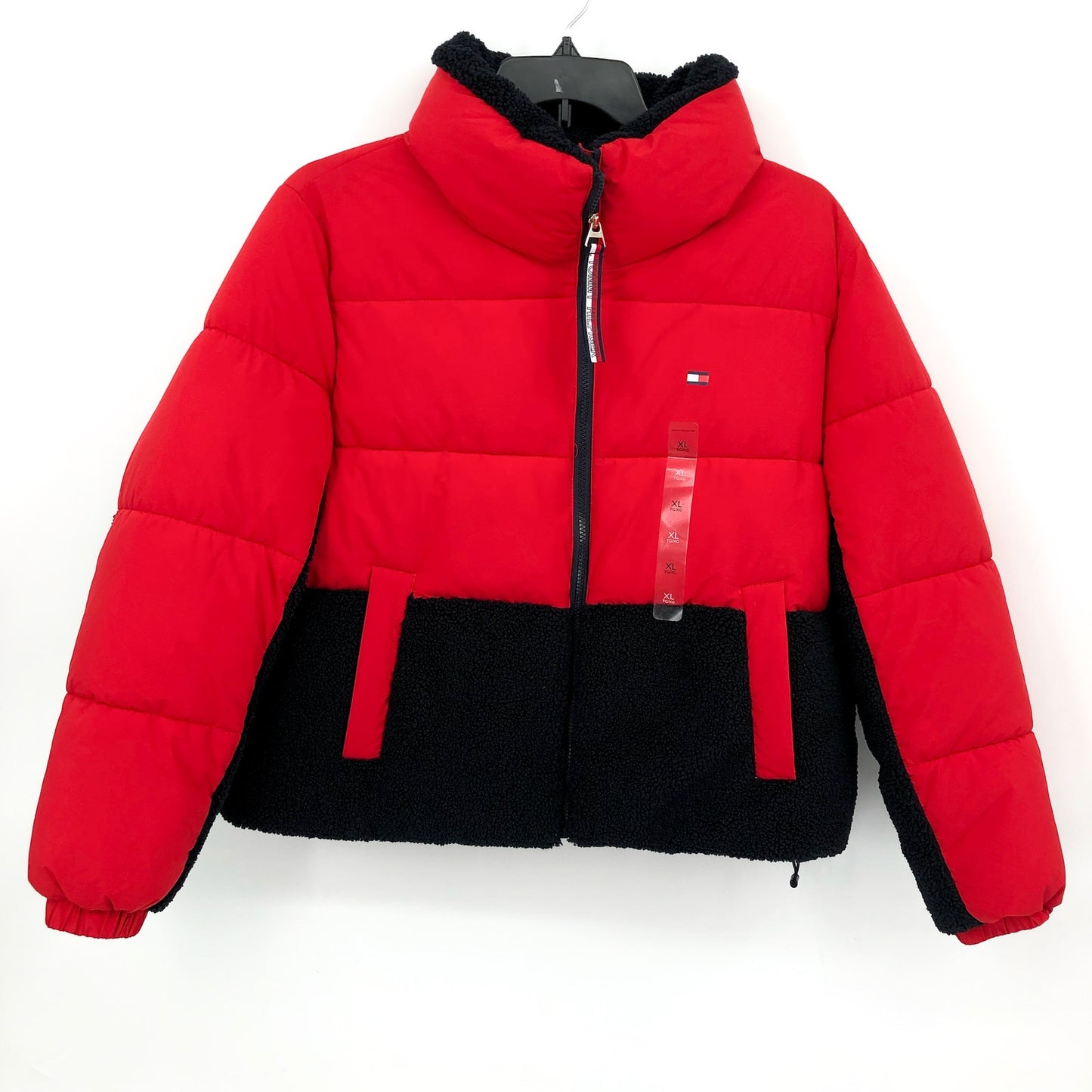 TOMMY HILFIGER Womens Colorblock Puffer Jacket XL Red Black Faux Fur Trim NWT