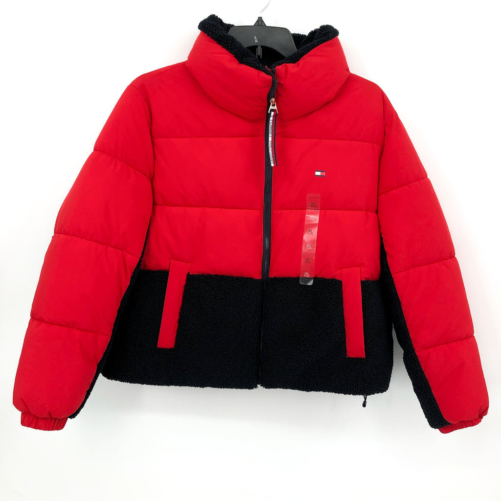 TOMMY HILFIGER Womens Colorblock Puffer Coat XL Red Black Sherpa Trim NWT