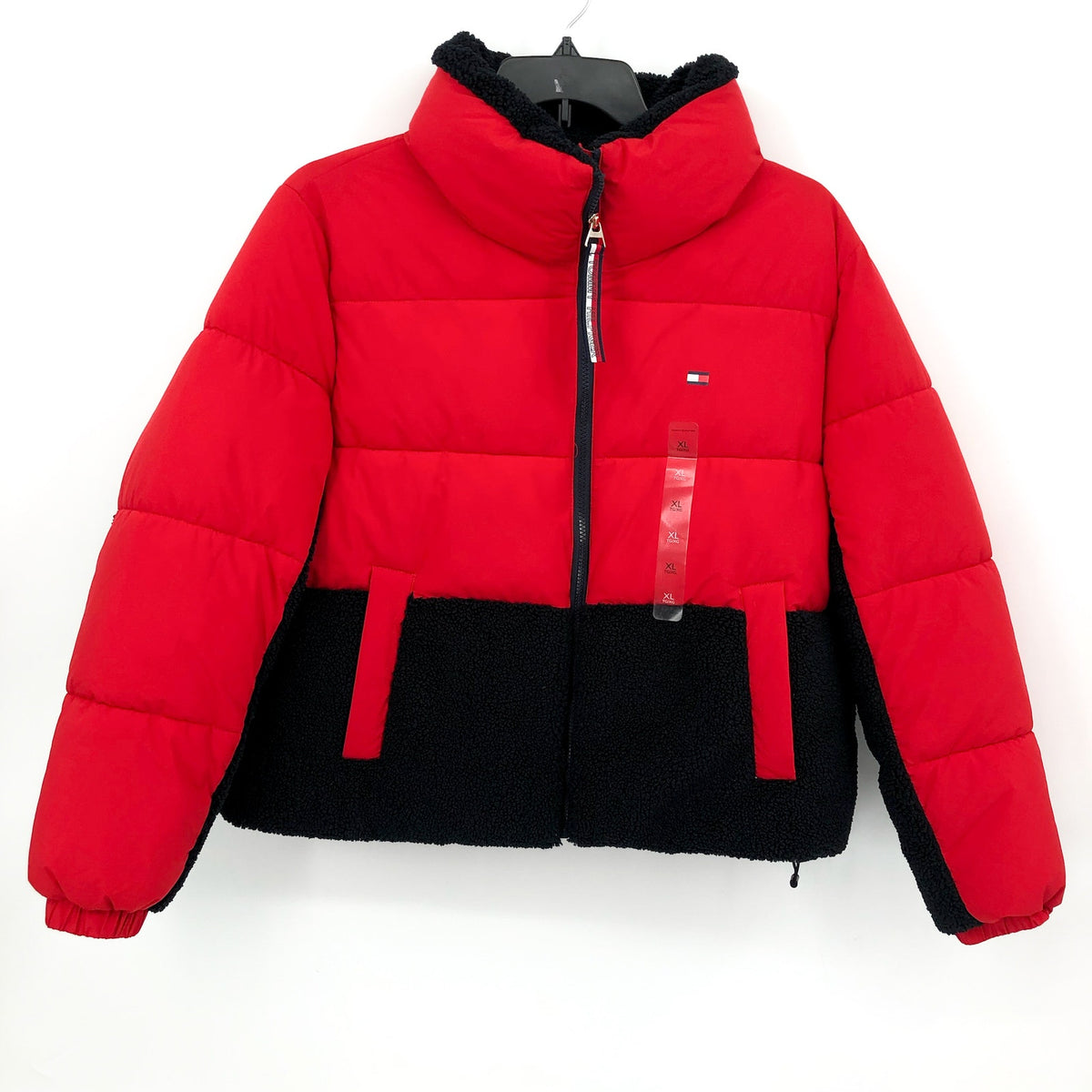 TOMMY HILFIGER Womens Colorblock Puffer Coat XL Red Black Sherpa Trim NWT