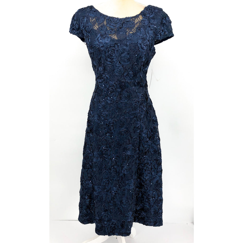 ALEX EVENINGS Rosette A-line Midi Dress Size 14 Navy Blue Sequin Lace 121570 NWT