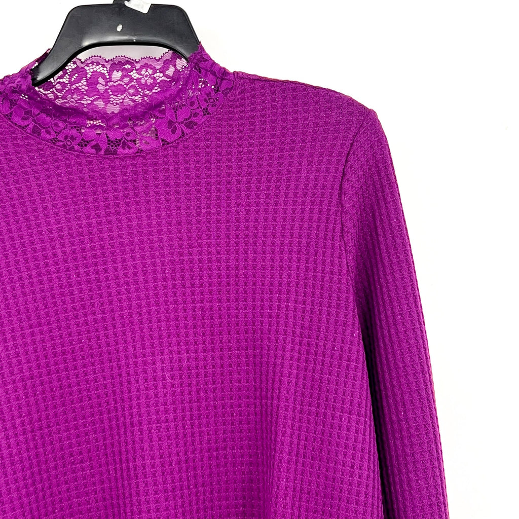LOGO LORI GOLDSTEIN Metallic Waffle Knit Top Medium Purple Long Sleeve NWOT