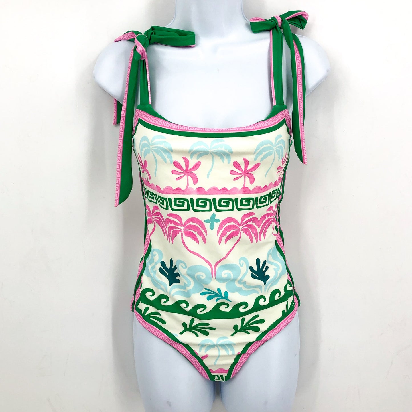 BEACH RIOT Women Shona One Piece Swimsuit Medium White Tropical Palm Tie NWT