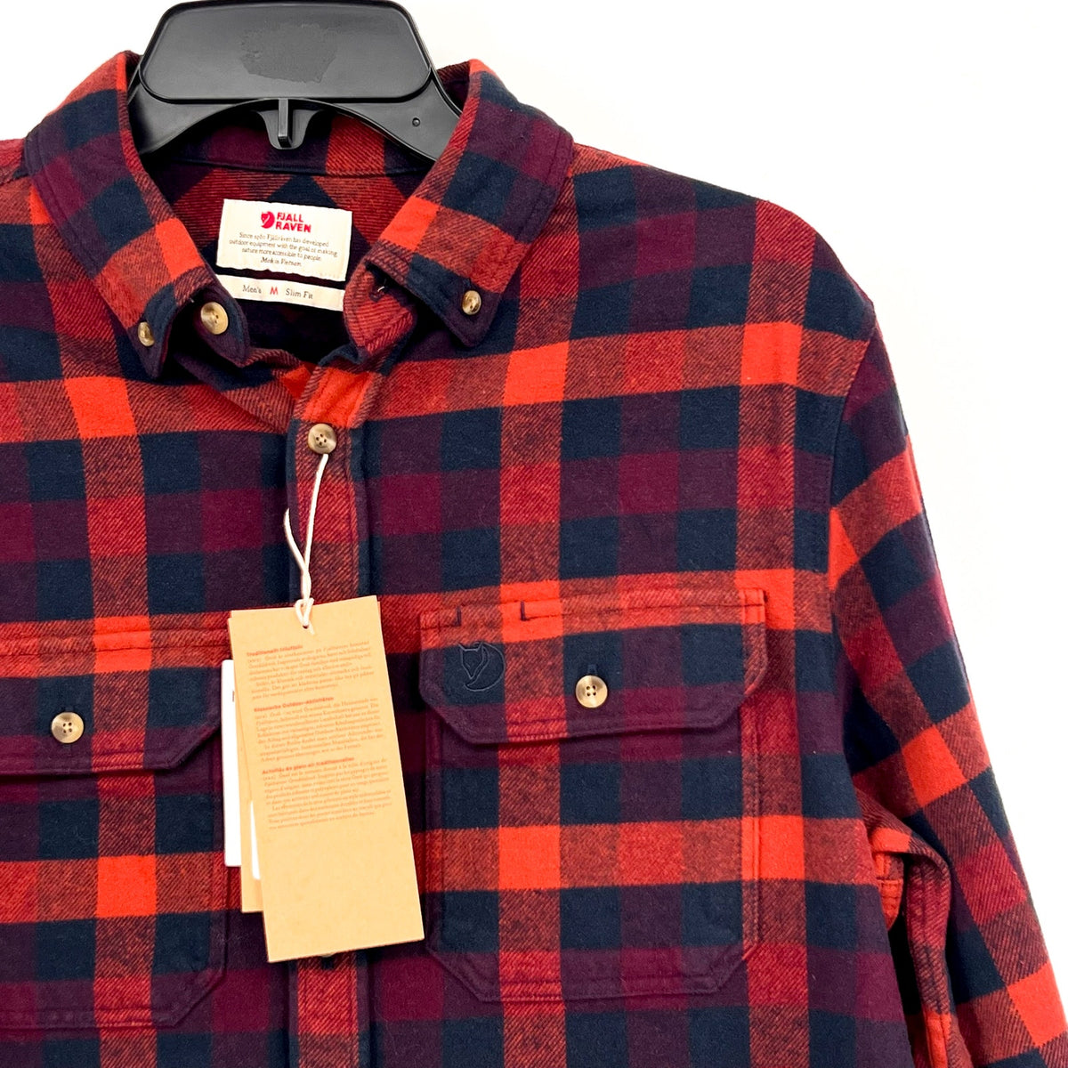 FJALLRAVEN Men's Skog Flannel Shirt Medium Slim Fit Navy Blue Red Plaid NWT