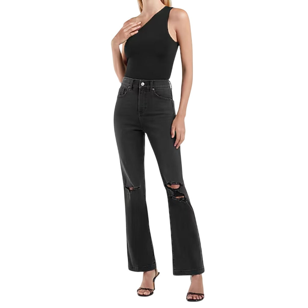 EXPRESS Women's High Waist Ripped 90s Bootcut Jeans Size 0R Black Stretch NWOT