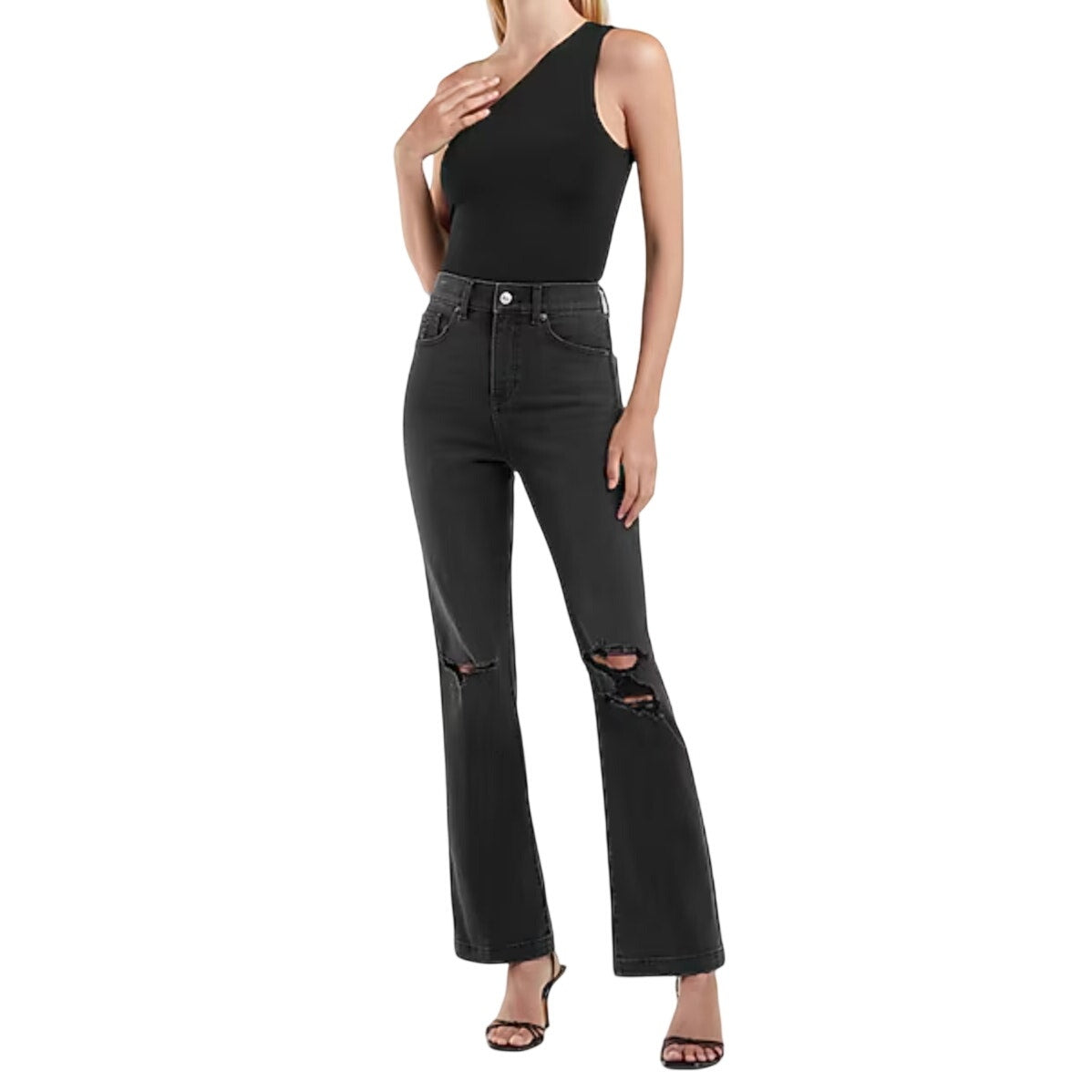 EXPRESS Women's High Waist Ripped 90s Bootcut Jeans Size 0R Black Stretch NWOT